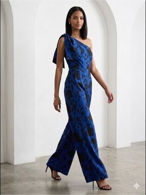 Kate Spade x Target Rose Linen Blend One Shoulder Jumpsuit Blue Black Floral 10
